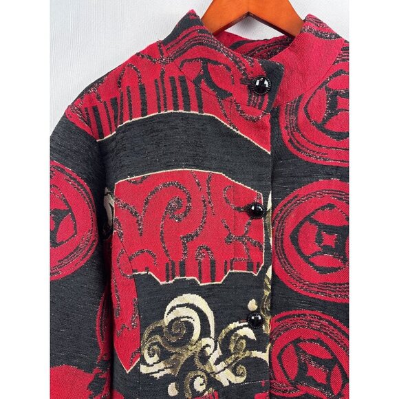 Women’s Chico’s Size 2XL Red, Black, & Cream Patterned Overcoat - Picture 2 of 5